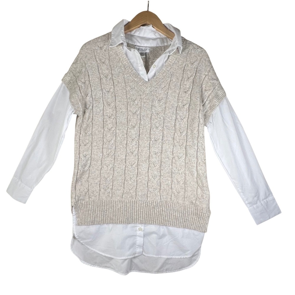 Rachel Zoe Womens 2-in-1 Cable Knit Sweater Shirt Layered Top Oatmeal White M